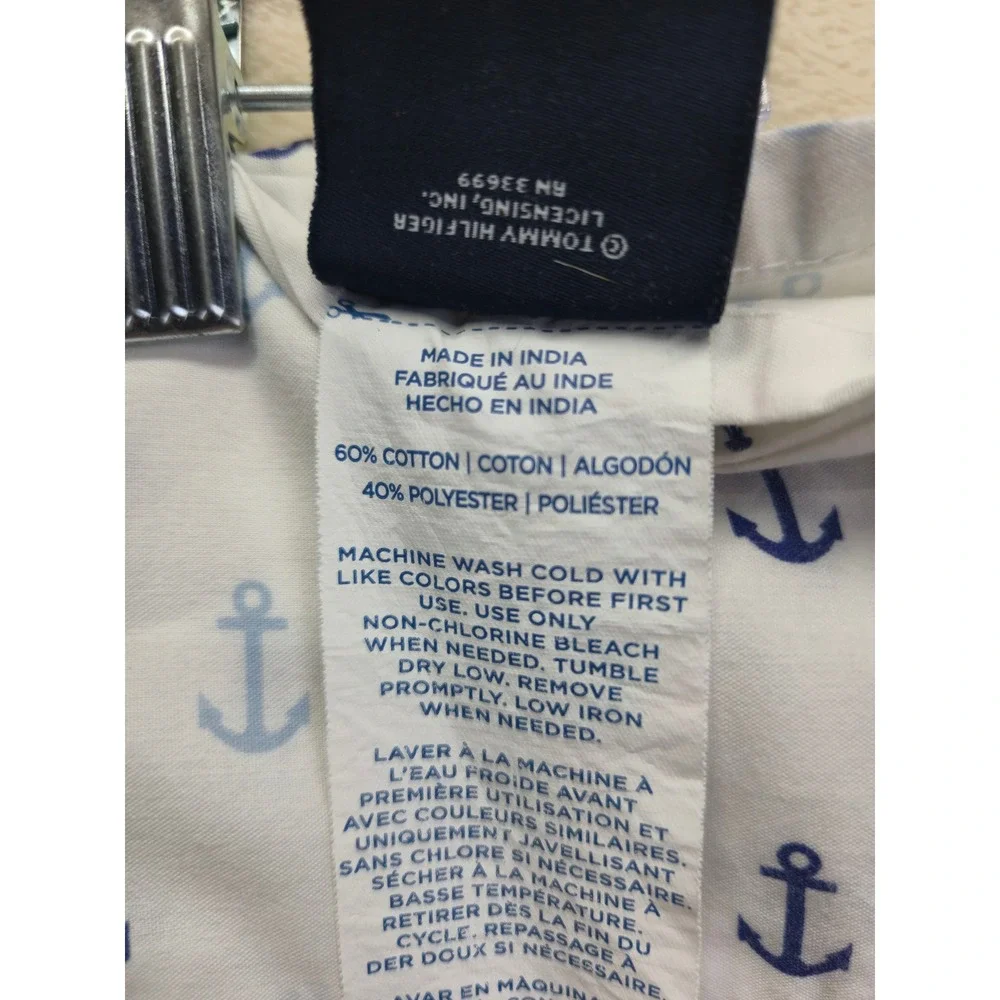 Tommy Hilfiger Queen Size Flat Bed Sheet White Blue Anchor Print